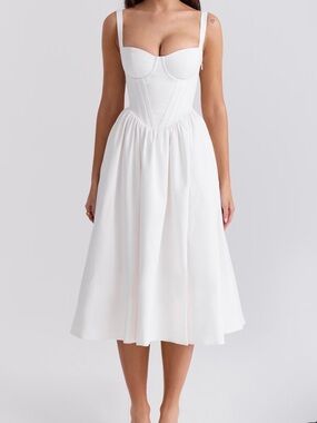 HouseofCB White Fit-and-Flare Midi Dress with Corset Bodice